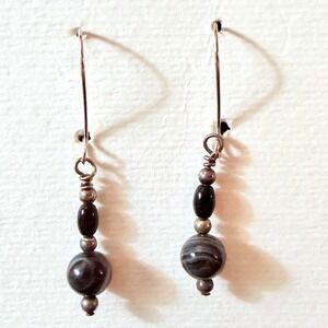 Obsidian and Agate Beaded Drop Earrings Silver Tone Grey Stephanie Aune Artist
